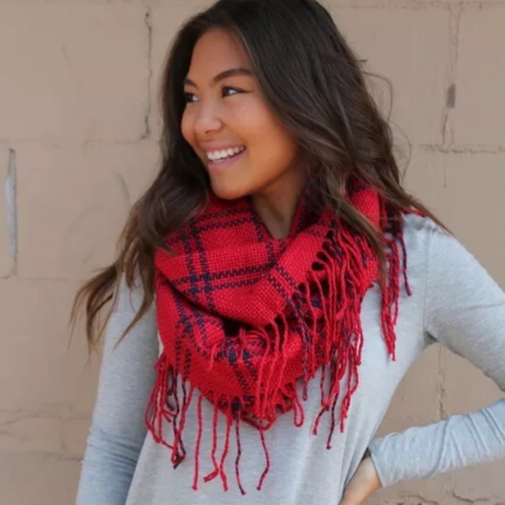 Red Plaid Windowpane Fringe Tassel Infinity Scarf - Picture 2 of 3